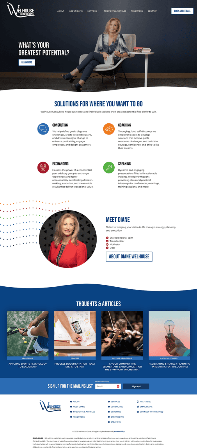 Front page featuring links into services, bio and blog pages.