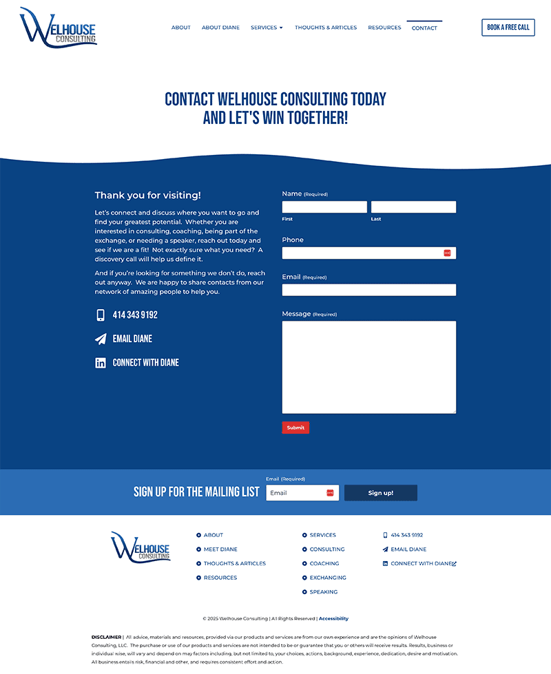 Contact us page with form.