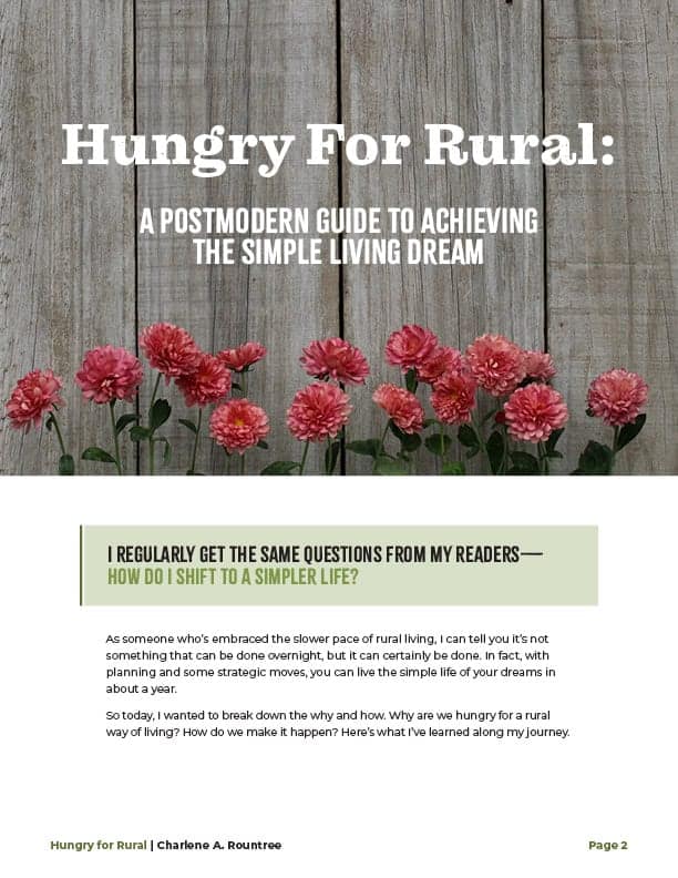 Introductory page, Hungry for Rural, A Postmodern Guide to Achieving the Simple Living Dream. Imagery features a rustic fence with red flowers.