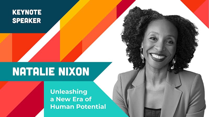 Presentation slide promoting keynote speaker, with head shot.