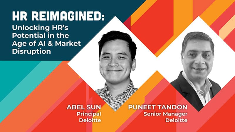 HR Reimagined presentation slide with two speakers.