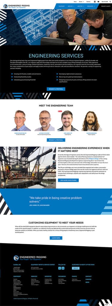 Engineering services information page featuring key team members.
