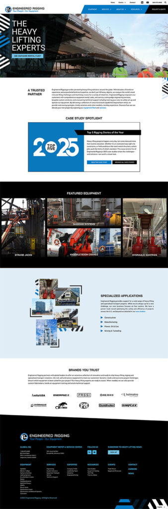 Engineered Rigging website home page with video banner at the top, latest news post and services section.