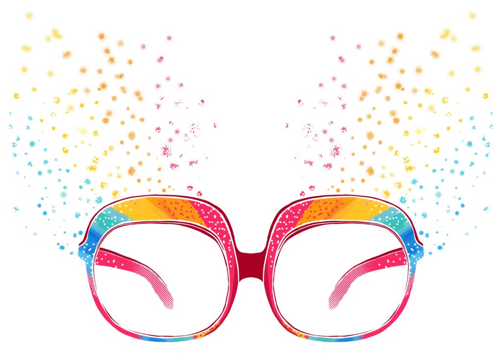 Colorful eyeglasses in style of classic Elton John costumes.