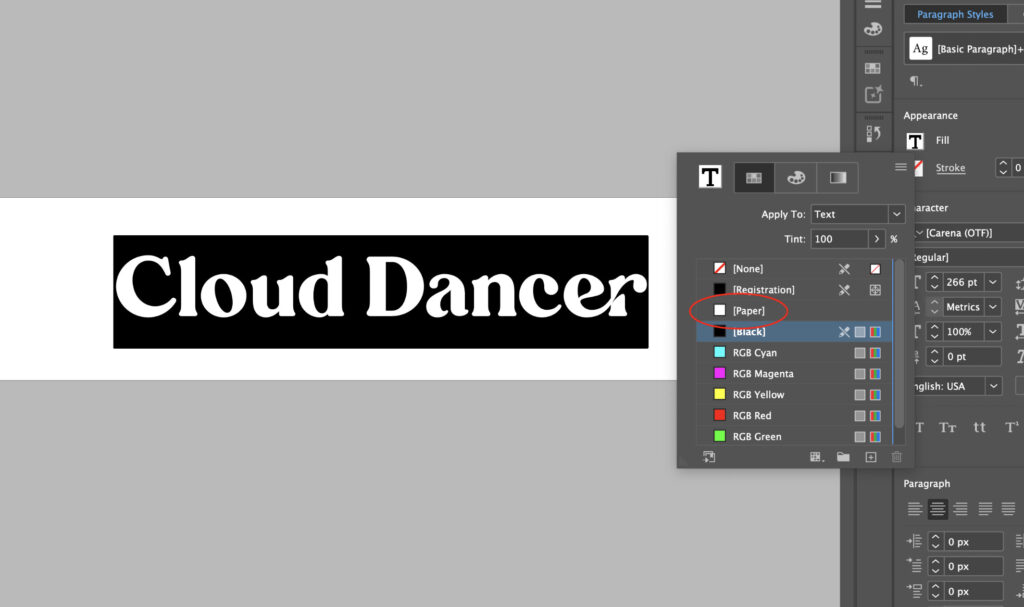 "Cloud Dancer" selected in Adobe InDesign, showing that the color palette name for the color white is "paper".