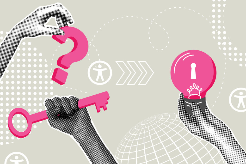 Illustration showing hands holding a key, question mark, and light bulb, symbolizing accessible design solutions and clear communication for community organizations.