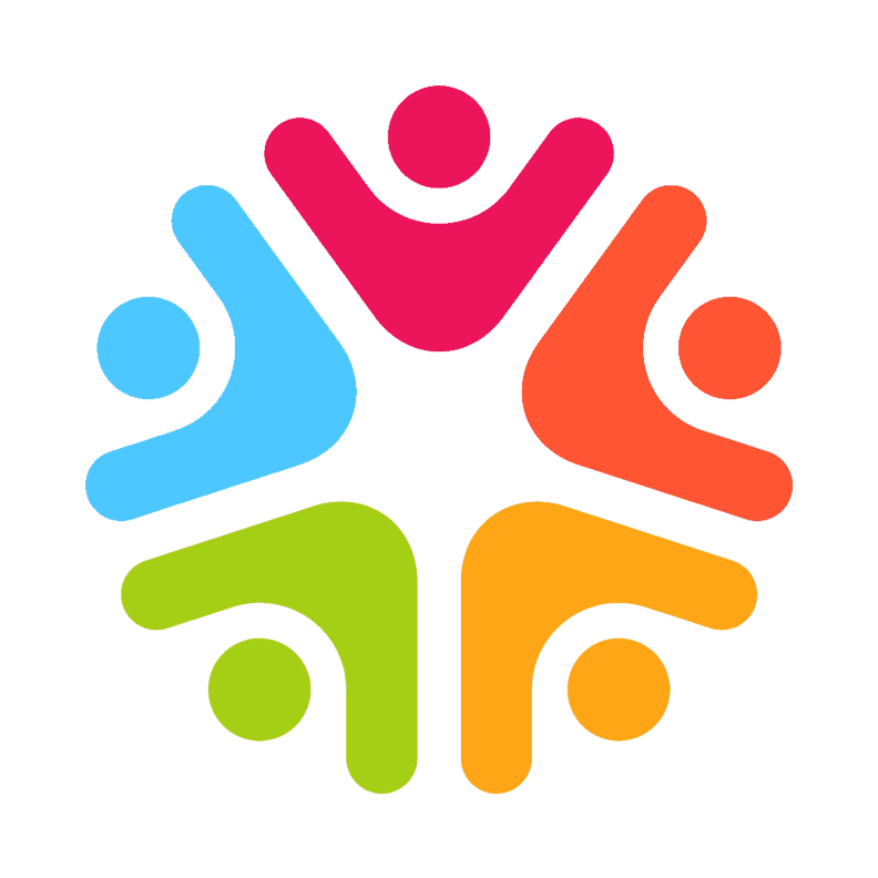 Multicolored logo, six abstract figures arranged in a round shape, a symbol of accessibility.