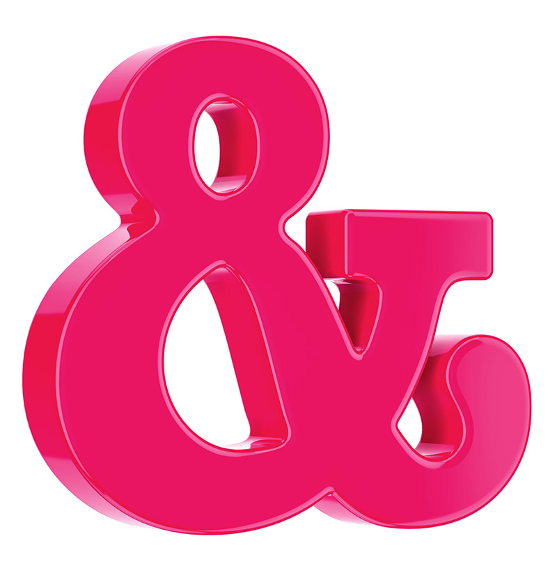 Plastic ampersand in serifed font, bright pink.