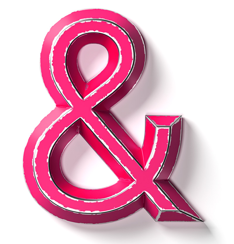 Sans serif ampersand forged in metal weathered and painted pink.