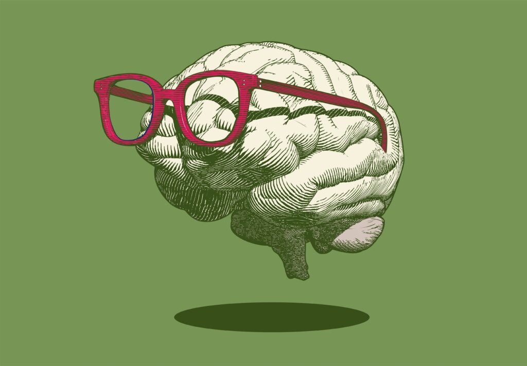Whimsical illustration of a brain wearing bold red glasses, rendered in vintage engraving style on an olive green background.