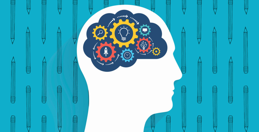 White silhouette of a human head in profile with colorful interlocking gears inside the brain area, each containing icons representing ideas and creativity, on a teal background with a pencil pattern.