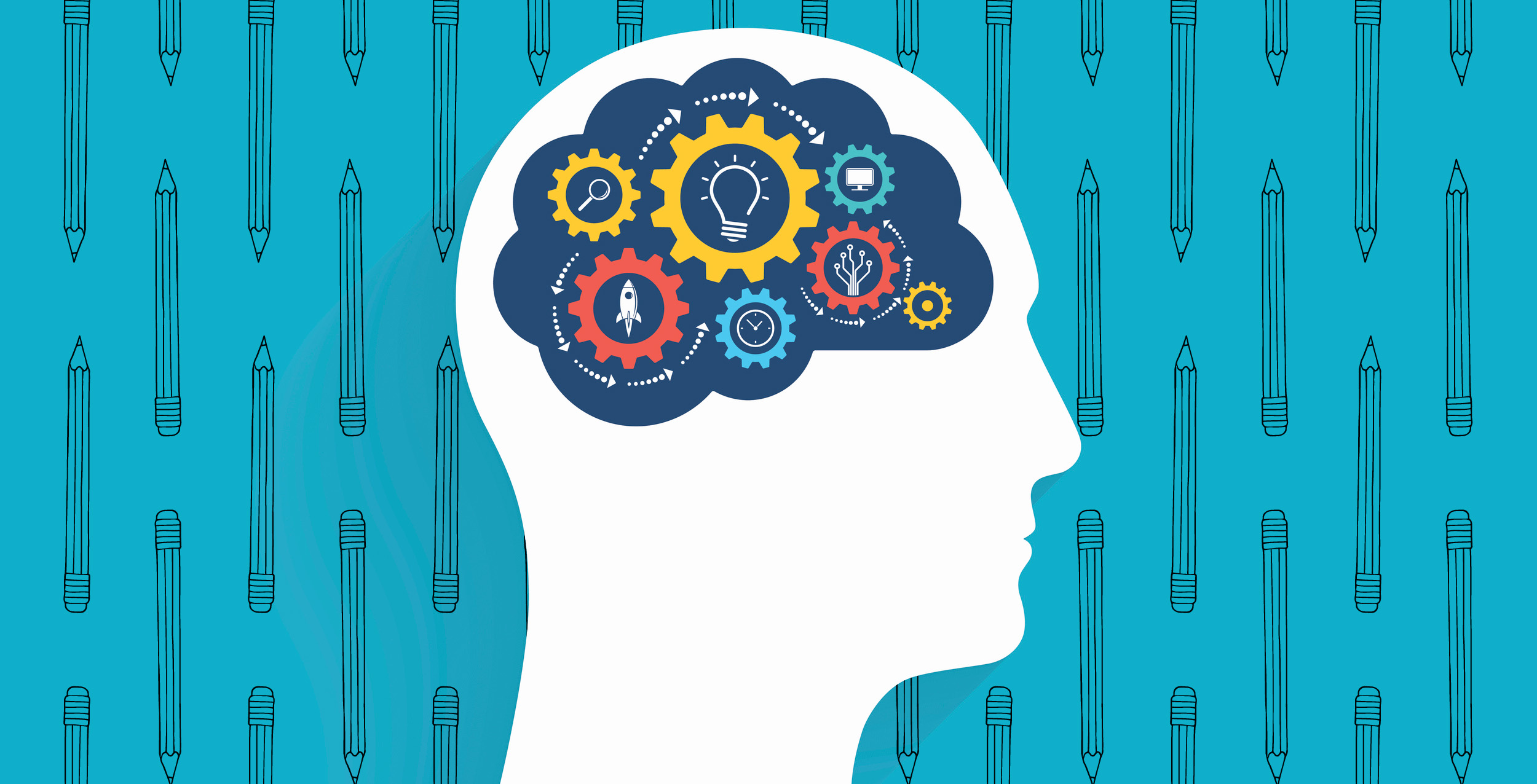 White silhouette of a human head in profile with colorful interlocking gears inside the brain area, each containing icons representing ideas and creativity, on a teal background with a pencil pattern.