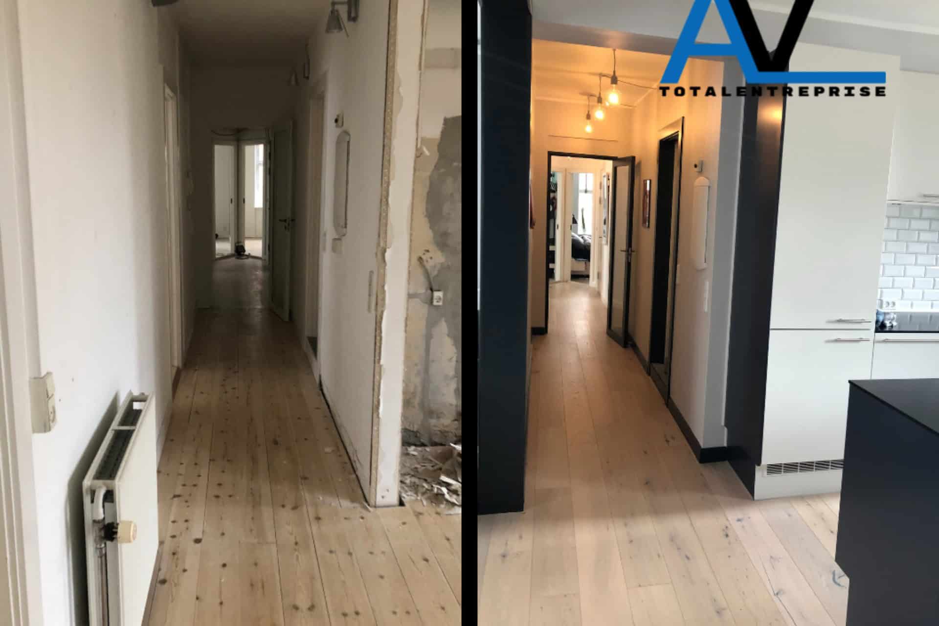 Før og efter billede af gang med nye gulve
