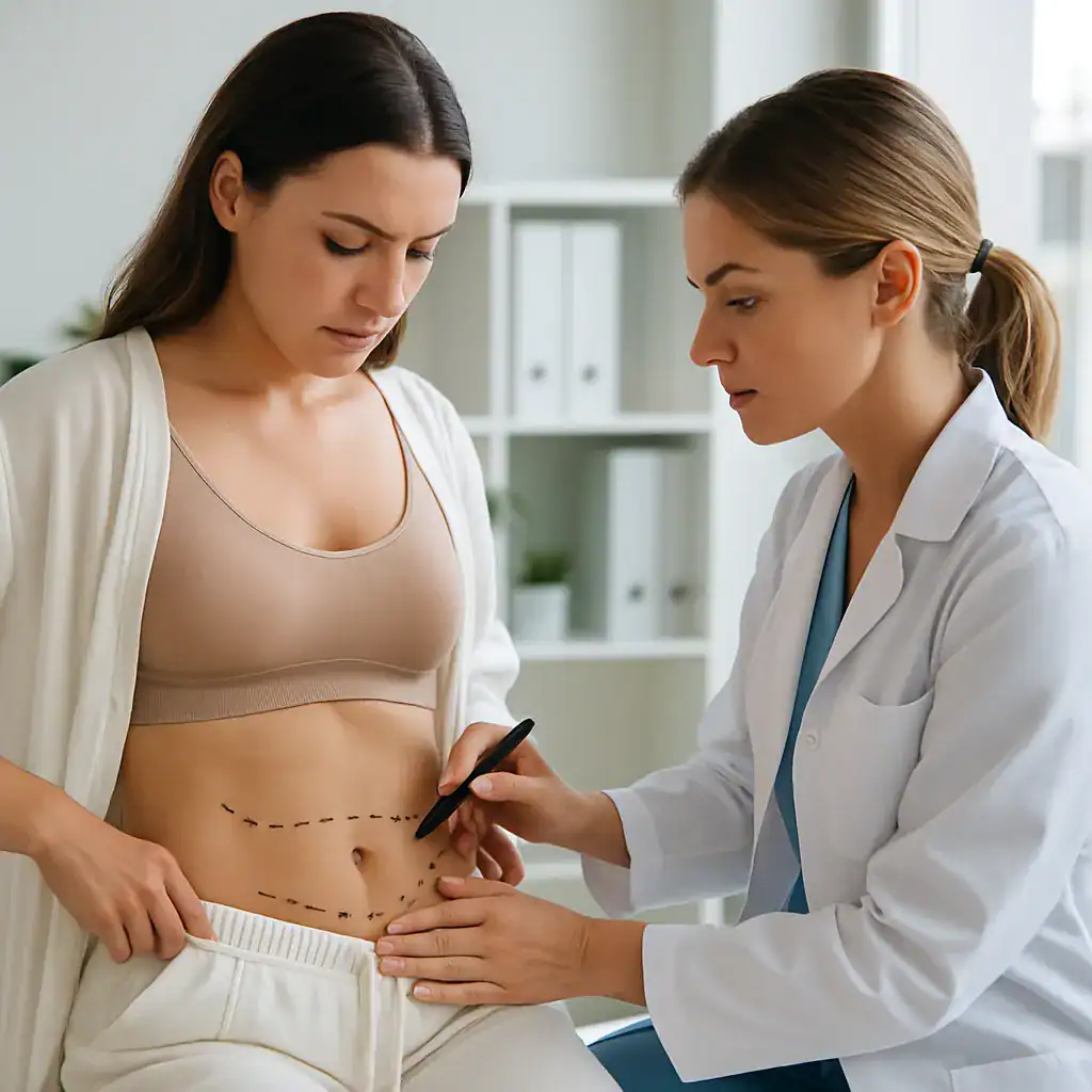 Abdominoplastie Turquie - Retrouver un ventre plat après grossesse ou perte de poids Consultation médicale pour une abdominoplastie en Turquie, avec une chirurgienne marquant l’abdomen d’une patiente pour une intervention esthétique.