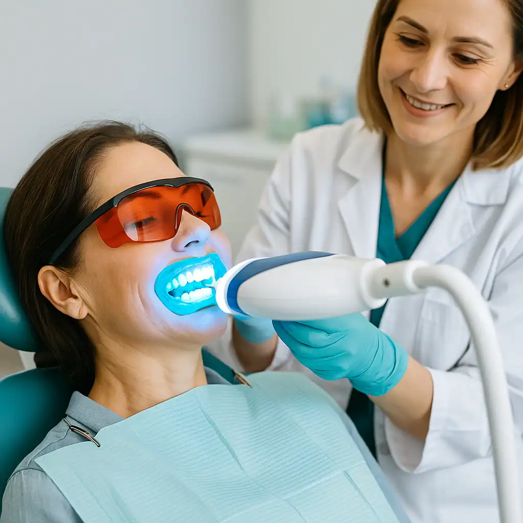 Trattamento di sbiancamento dentale professionale con lampada a LED e gel sbiancante in una clinica odontoiatrica