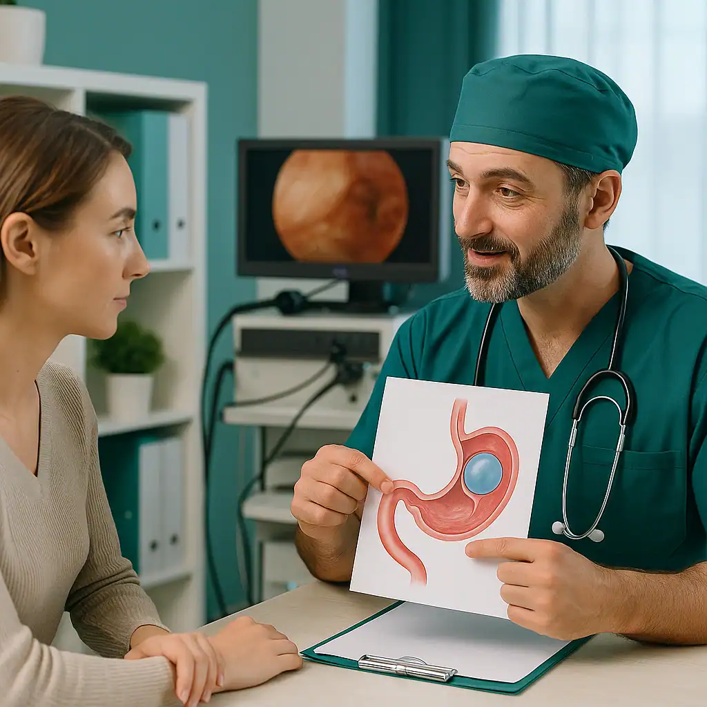 Consultation médicale expliquant le fonctionnement du ballon gastrique classique