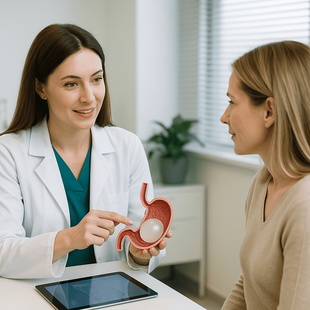 Simulation d’un ballon gastrique lors d’une consultation médicale en Turquie Explication d’un ballon gastrique par une docteure pour une intervention esthétique en Turquie