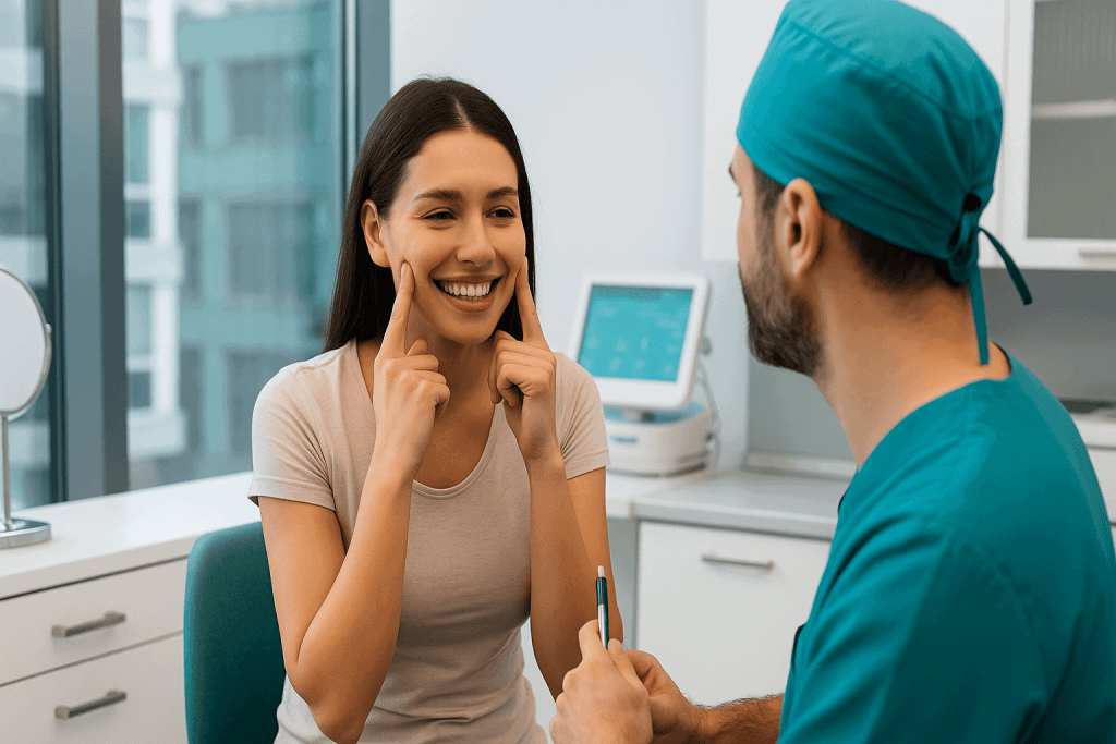 Consultation souriante entre une patiente et un chirurgien esthétique en Turquie pour une bichectomie