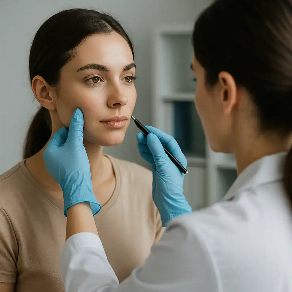 Bichectomie en Turquie – Réduction esthétique des joues Consultation médicale où un médecin évalue les joues d’une femme avant une bichectomie en Turquie