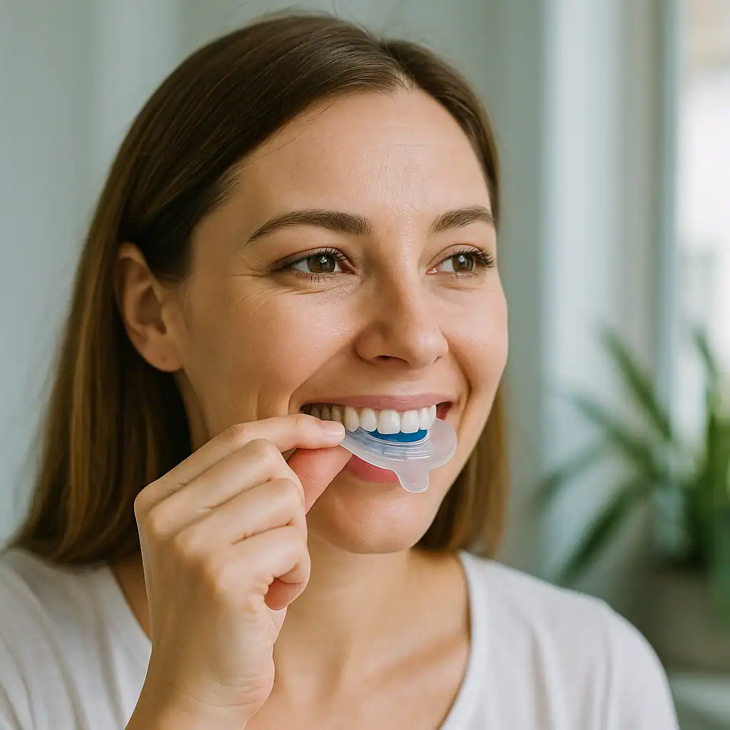 Donna utilizza kit sbiancamento con lampada LED Zoom Whitening per schiarire le tonalità dei denti