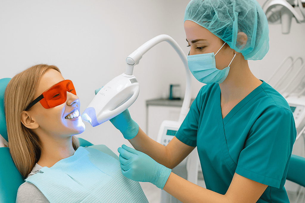 Sbiancamento dentale professionale in Turchia: paziente con occhiali protettivi e lampada laser per sorriso bianco