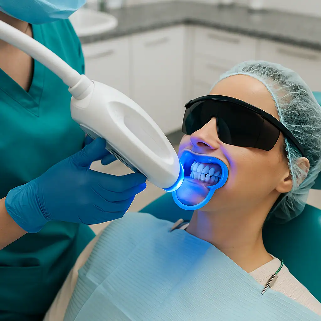 Procedura di sbiancamento dentale laser in clinica: applicazione gel attivato da raggio laser professionale