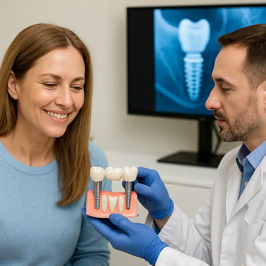 Bridge dentaire sur implants Turquie - Une solution fixe et durable pour remplacer plusieurs dents Femme en consultation avec un dentiste expliquant un bridge dentaire fixe sur implants à l’aide d’un modèle, radiographie affichée à l’écran