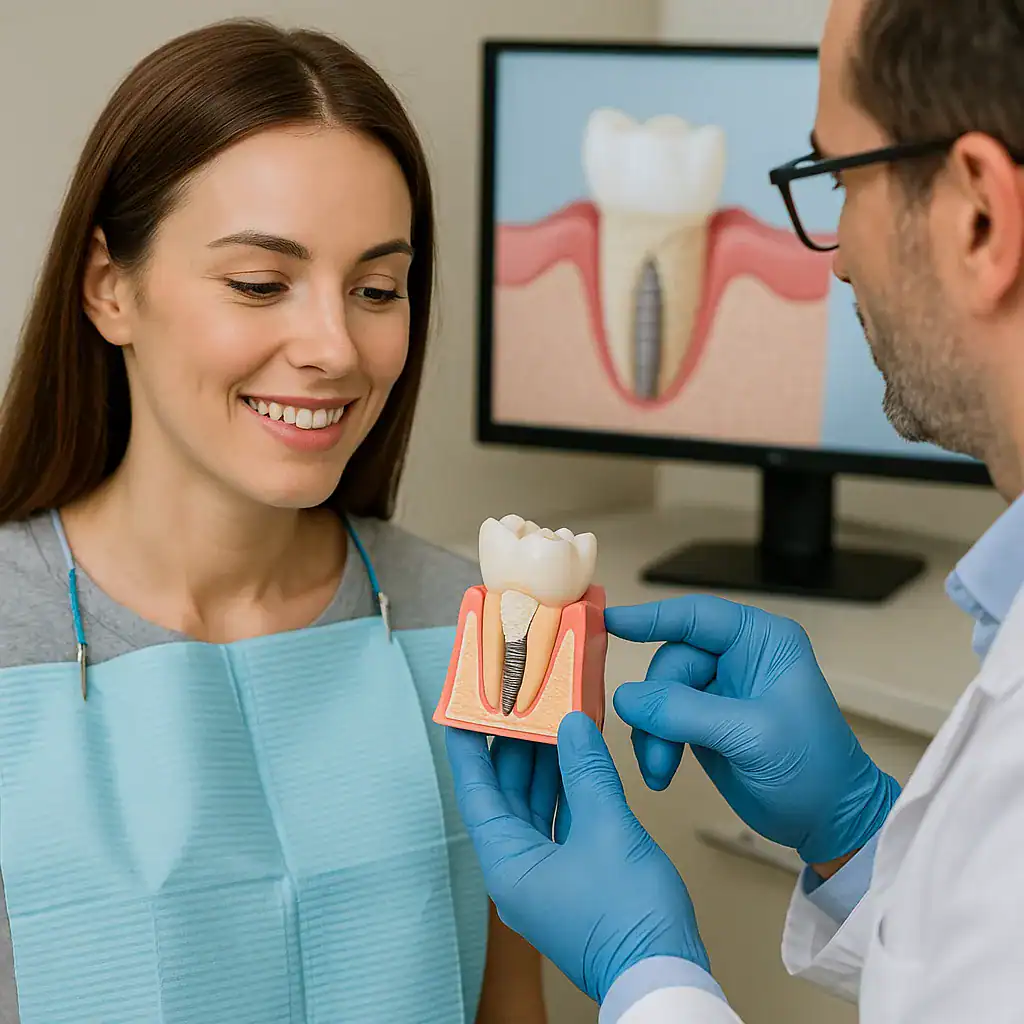 Chirurgie osseuse / Greffe osseuse Turquie - Reconstruction osseuse avant implant dentaire Jeune femme en consultation pour une intervention dentaire avec un chirurgien expliquant la greffe osseuse à l’aide d’un modèle et d’un schéma à l’écran dans une clinique esthétique en Turquie