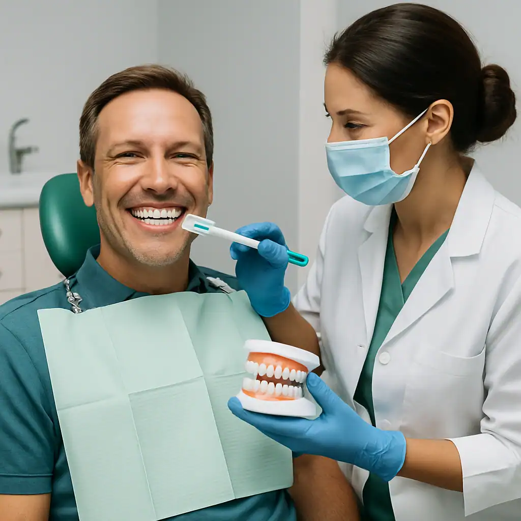 Dentista professionista spiega la procedura di sbiancamento dentale LED a un paziente in studio