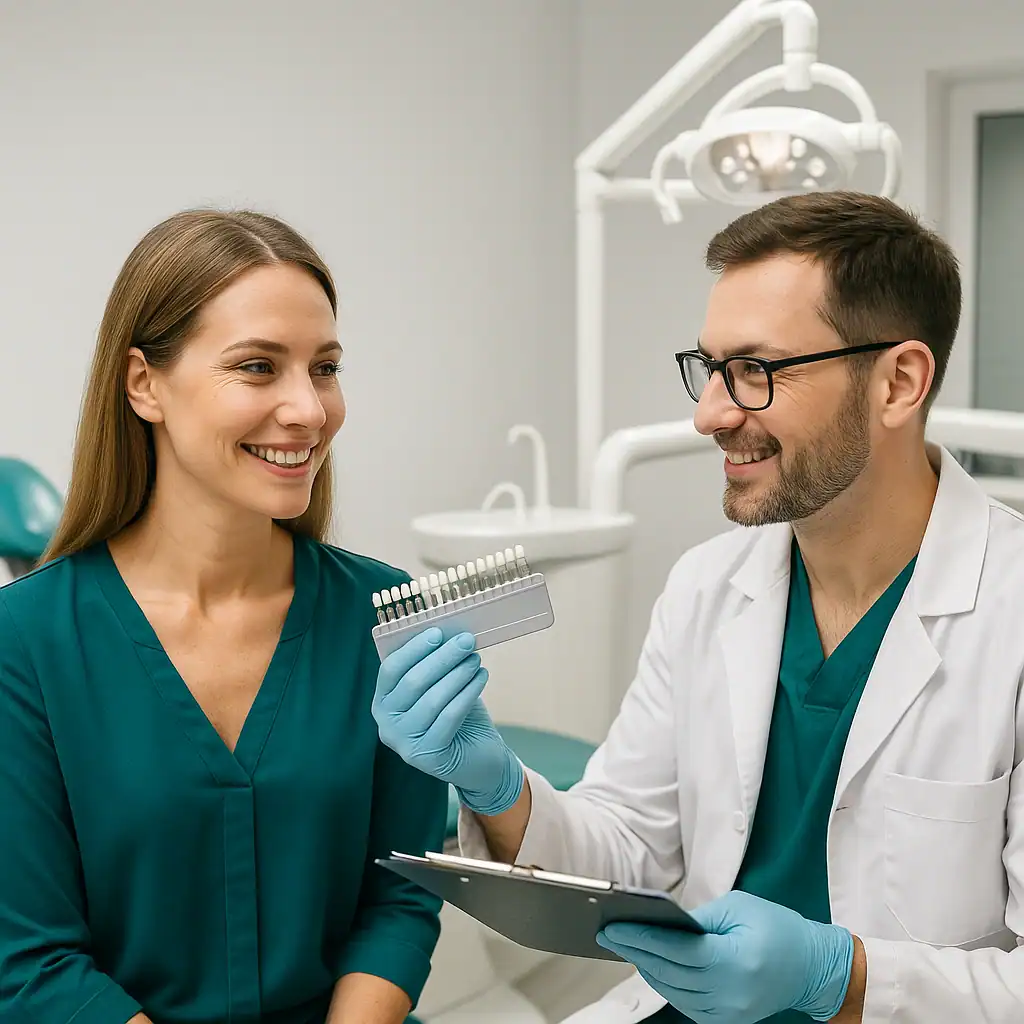 Consulto odontoiatrico e diagnosi estetica: dentista mostra scala colori per sbiancamento dentale a paziente
