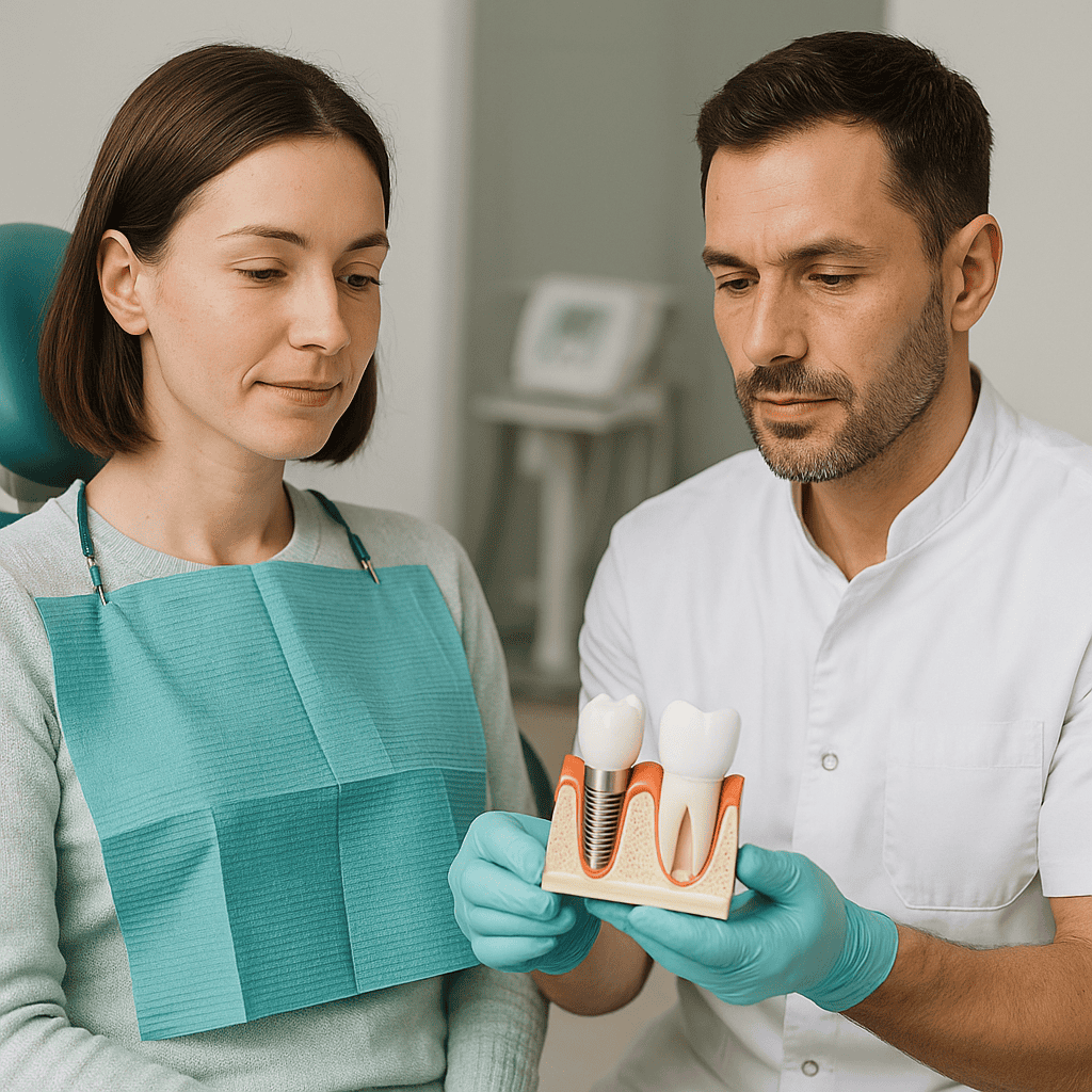 Consultazione odontoiatrica in Turchia: dentista spiega la differenza tra impianti in titanio e zirconia.