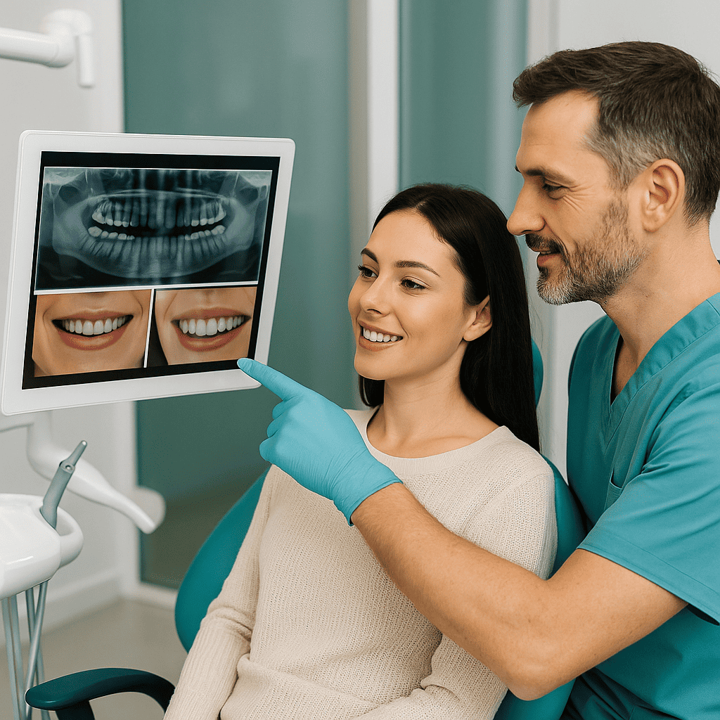 Dentista e paziente analizzano la radiografia e il piano del sorriso digitale su monitor in clinica