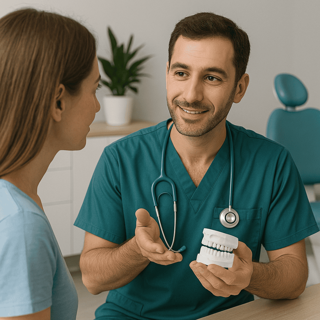 Dentista mostra un modello dentale a una paziente durante la scelta della migliore tecnica di faccette