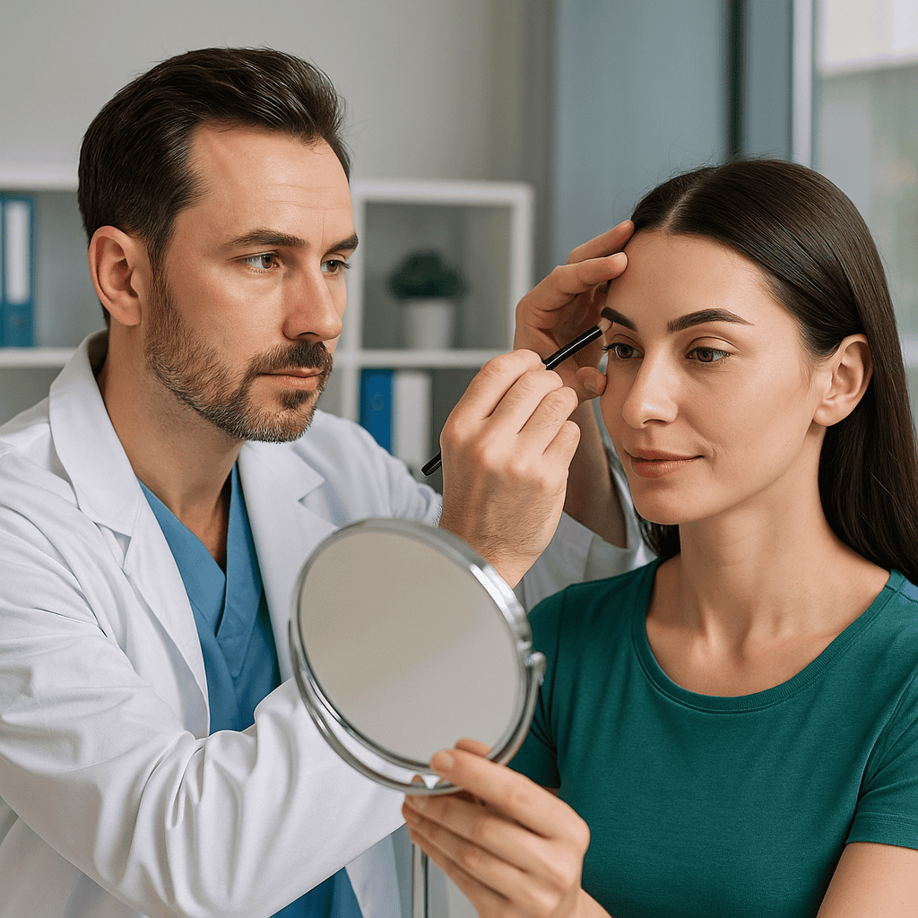 Medico chirurgo traccia la linea per il disegno delle sopracciglia personalizzato prima del trapianto.