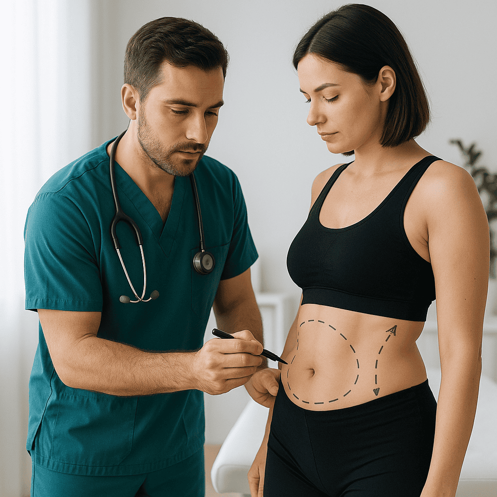 Consultation préopératoire avant une liposuccion en Turquie dans une clinique esthétique moderne