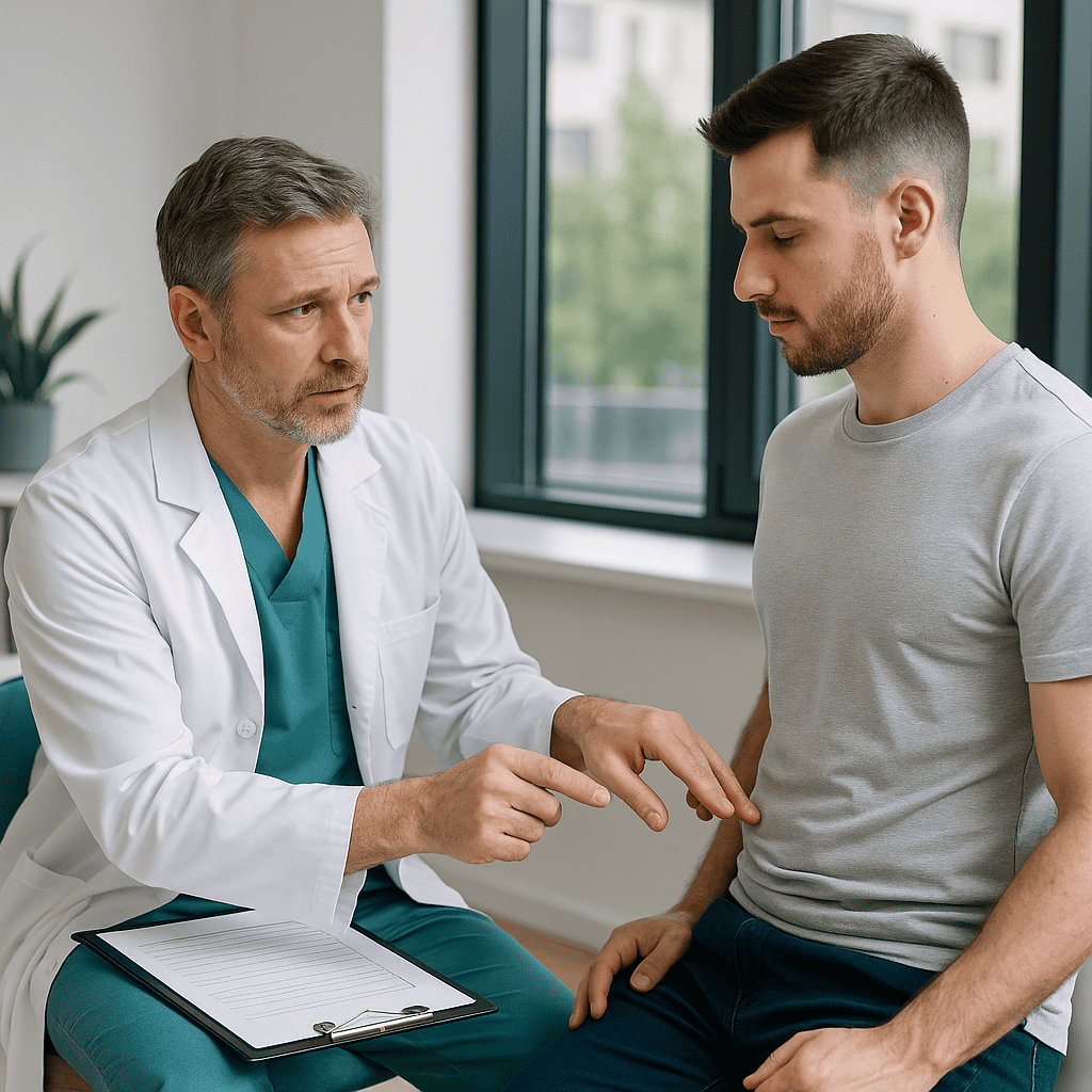 Visita specialistica: chirurgo analizza la silhouette del paziente per addominoplastica