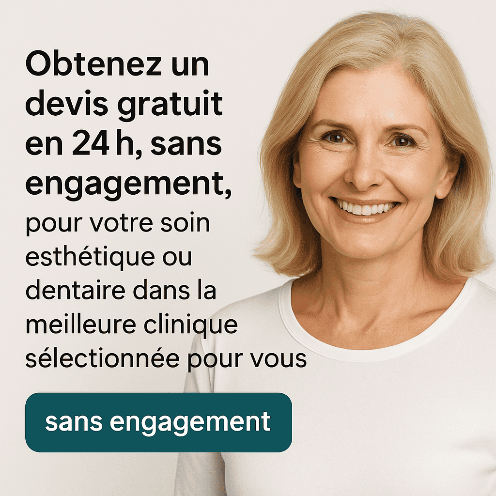 Femme souriante présentant une offre de devis gratuit en 24h pour soins esthétiques, dentaires ou de greffe capillaire