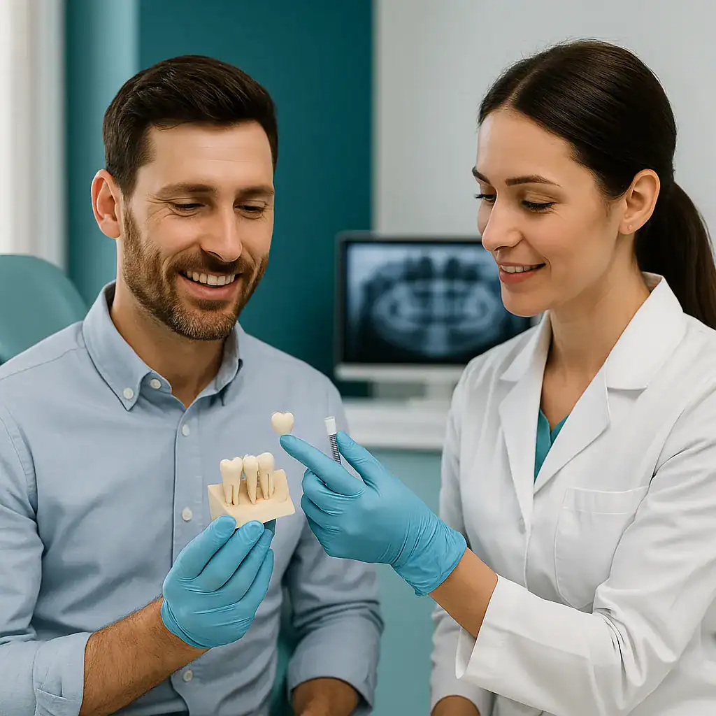 Couronnes dentaires Turquie - Restaurer la fonction et l’esthétique d’une dent avec précision Consultation dentaire pour une intervention en Turquie, le dentiste montre à son patient une couronne céramique sur un modèle dentaire réaliste dans une clinique esthétique