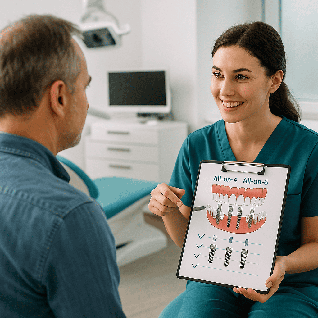 Dentiste expliquant un plan de traitement All-on-4 à un patient dans une clinique moderne en Turquie