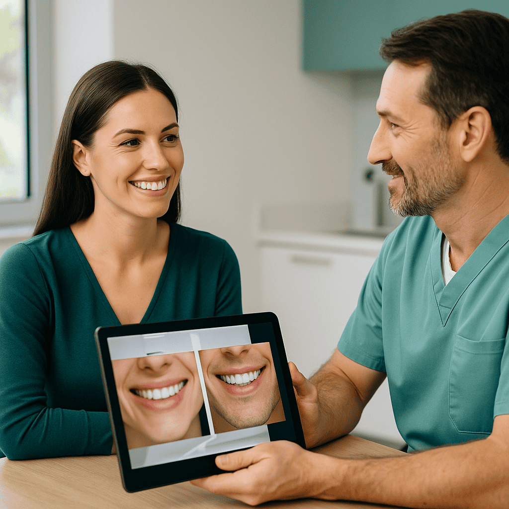 Smile Design numérique Turquie - Visualisez votre futur sourire grâce au DSD Patiente souriante discutant d’un smile design numérique avec son dentiste dans une clinique turque moderne