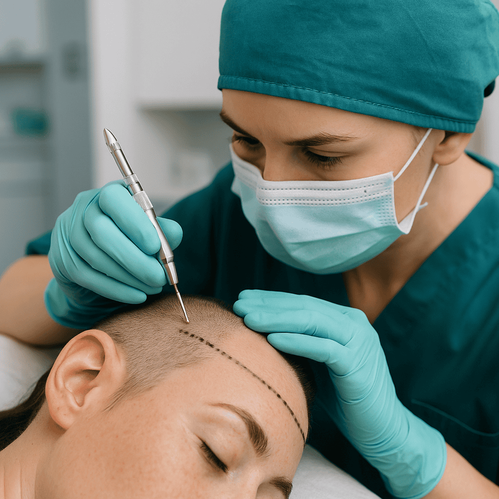 Fase di estrazione dei follicoli piliferi dalla zona donatrice per il trapianto di sopracciglia.