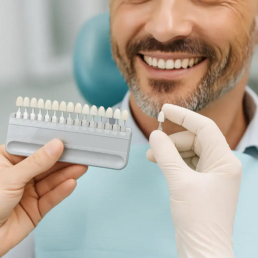 Facettes dentaires Turquie - Sublimez votre sourire avec des facettes E-max ou en porcelaine Patient souriant lors d’une consultation pour facettes dentaires en Turquie, le dentiste lui montre une facette en porcelaine assortie à ses dents naturelles