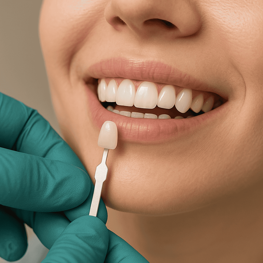 Dettaglio di una faccetta E-max in disilicato di litio sottile e traslucida per un effetto estetico naturale