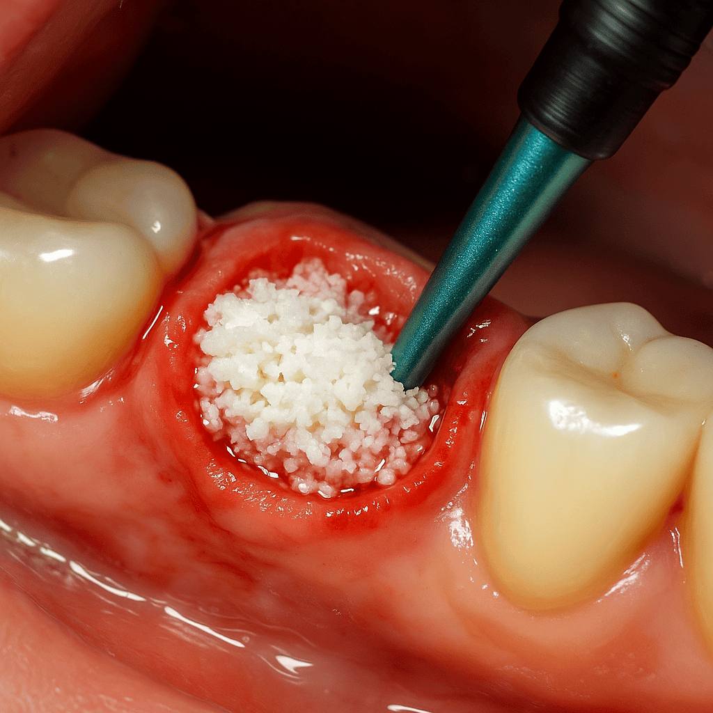 comblement osseux avec biomatériaux synthétiques dans une alvéole dentaire