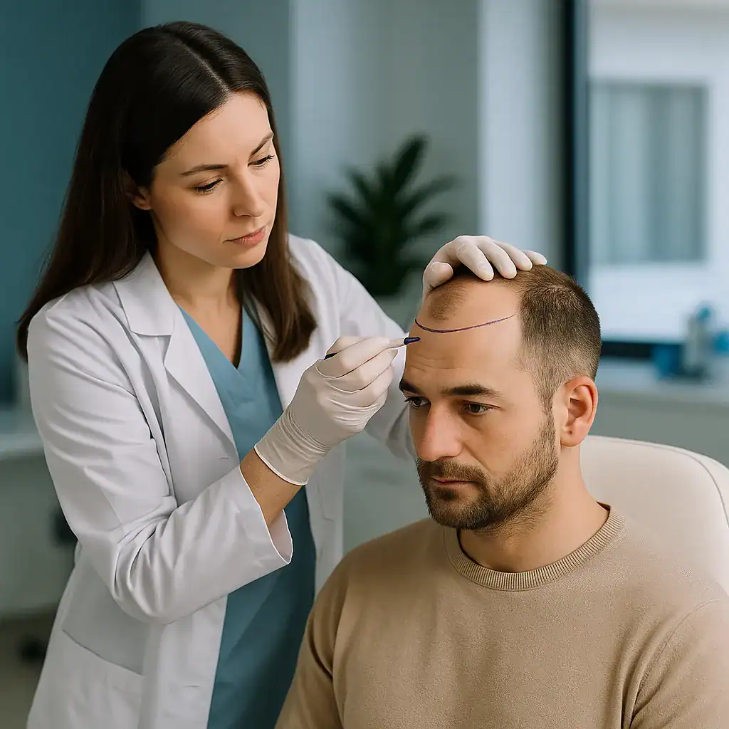 Greffe de cheveux Turquie - Redessiner la ligne frontale dans un environnement médical moderne Consultation capillaire en Turquie, avec une médecin traçant la ligne frontale d’un patient en vue d’une intervention capillaire en Turquie