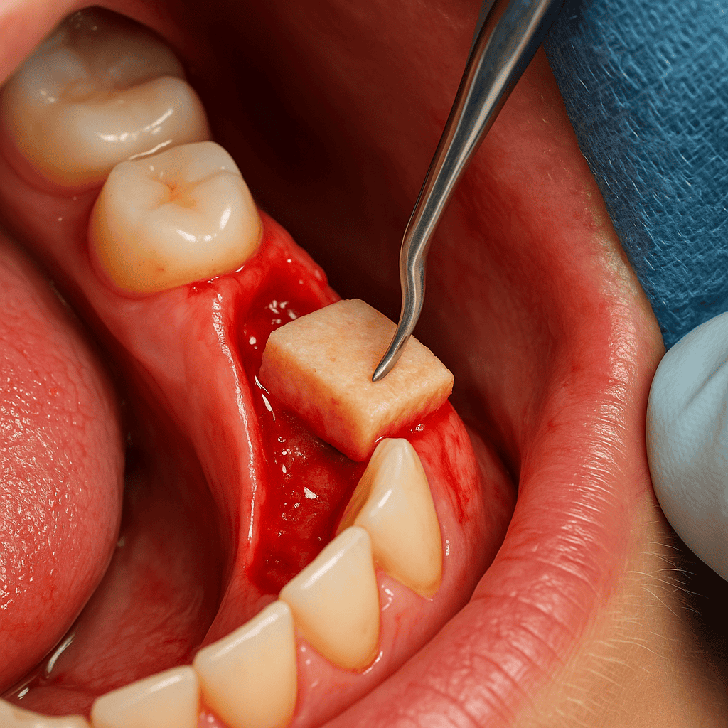 greffe osseuse autogène en cours avec prélèvement et insertion d’un fragment osseux
