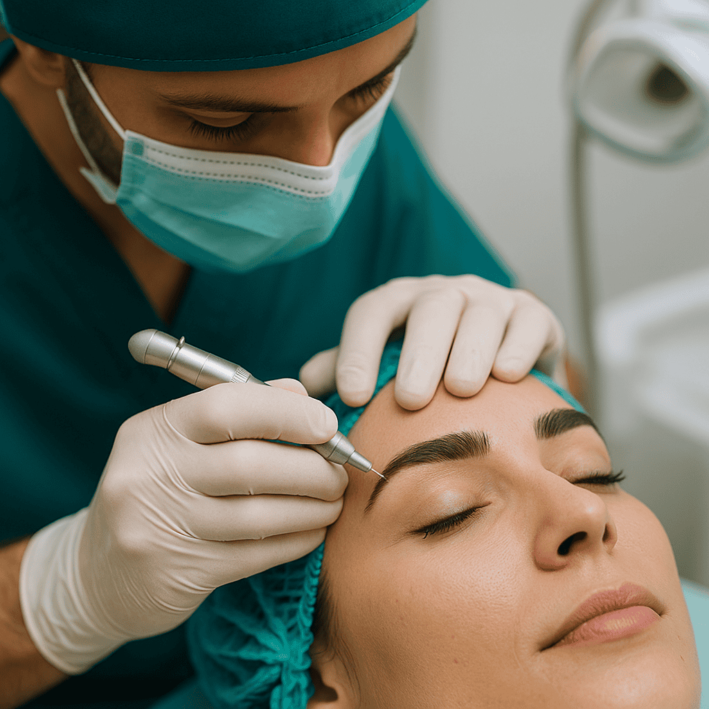Chirurgo estetico esegue un trapianto di sopracciglia DHI su una paziente in una clinica specializzata.
