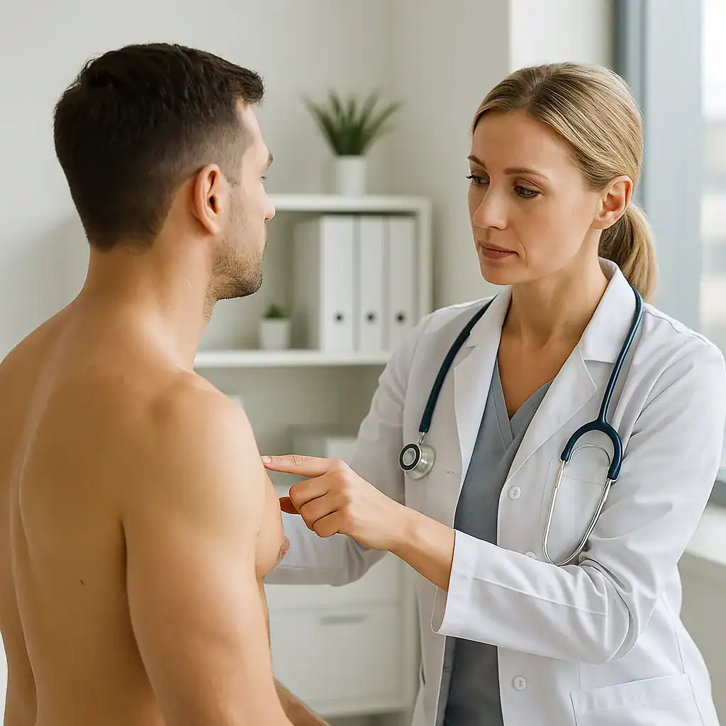 Gynécomastie en Turquie – Traitement esthétique du torse masculin Consultation médicale pour gynécomastie avec évaluation de la poitrine masculine par une docteure