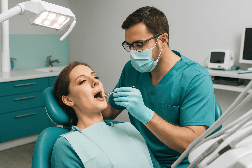 Paziente sottoposta a cure dentali in clinica in Turchia con dentista specializzato