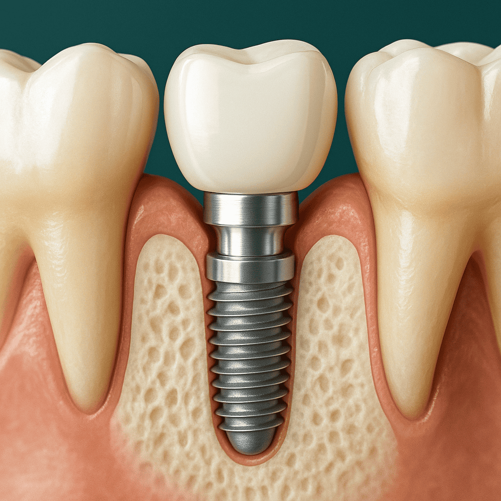 Schema tecnico impianto dentale in titanio inserito nell'osso mascellare con corona in ceramica.
